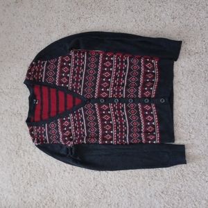 XXI Forever 21 Knit Holiday Printed Red Open Front Longline Cardigan Sweater M